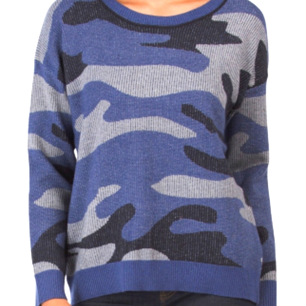 Blue Camo Print Ribbed Sweater